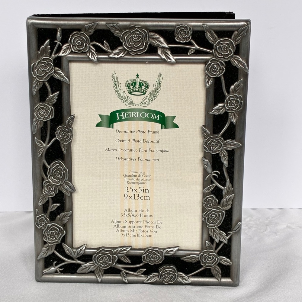 Heirloom Photo Album Pewter Rose Metal Frame Black Velvet Victorian Whimsigoth